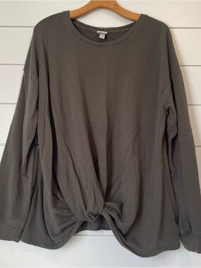 Knot Front Long Sleeve Top lightweight sweatshirt - Olive